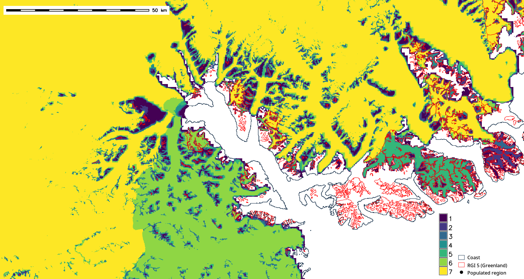 Map of overlapping masks near Kangerlussuaq Fjord, West Greenland