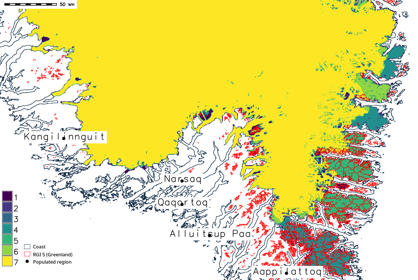 Map of overlapping masks near southern, Greenland