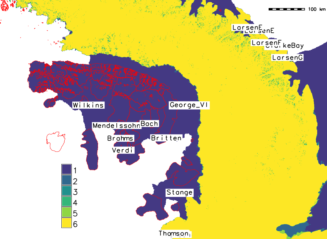 Map of overlapping masks near Wilkins ice shelf, Antarctica