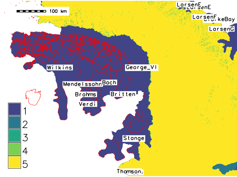 Map of overlapping masks near Wilkins ice shelf, Antarctica