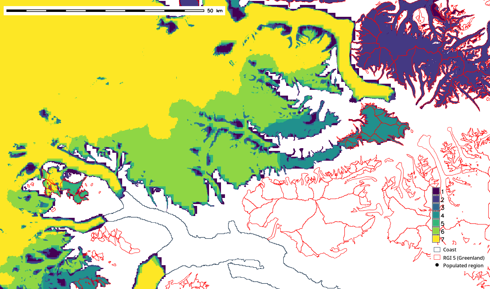 Map of overlapping masks near Daugaard-Jensen Gletsjer, West Greenland